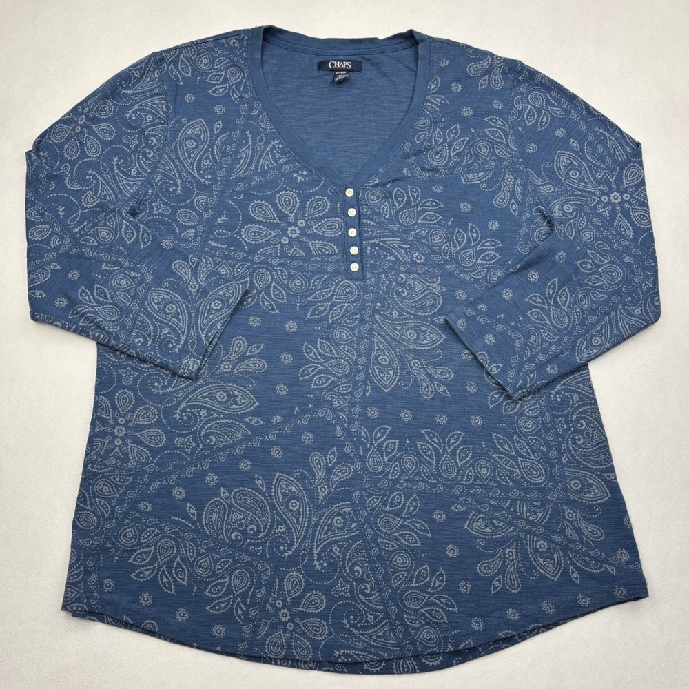 Chaps Shirt Womens XL Blue Paisley Slub Knit Cotton Henley 3/4 Sleeve Top Blouse